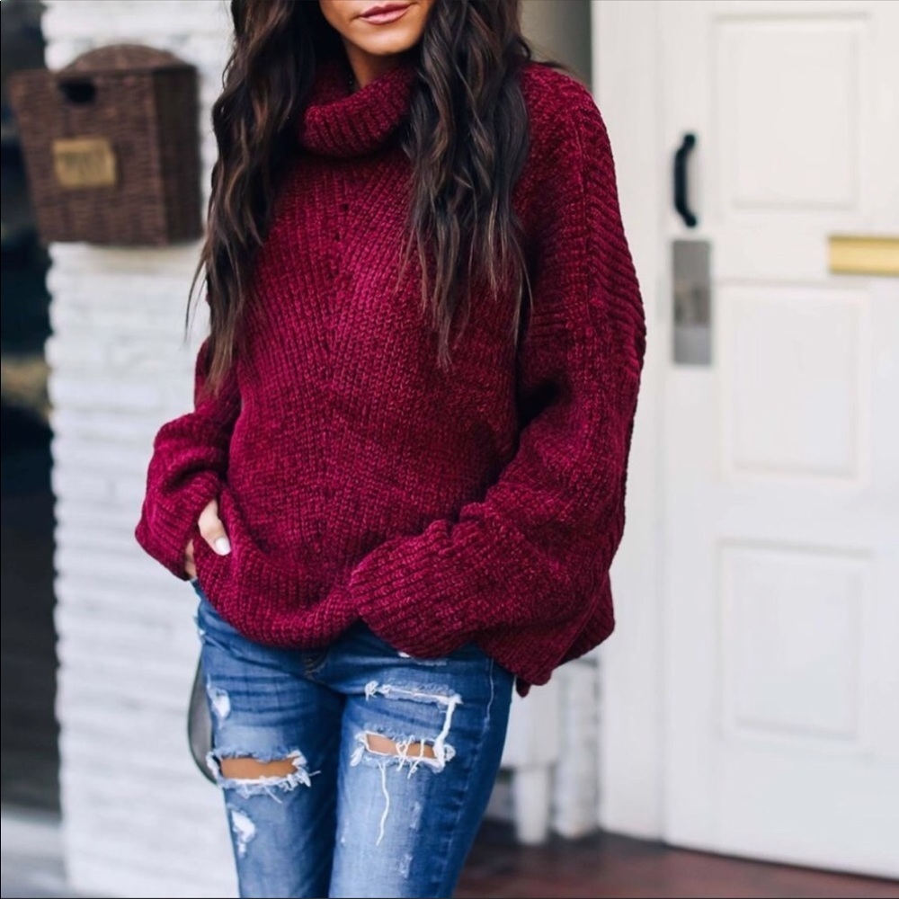 Chenille Burgandy cowl neck chunky Sweater